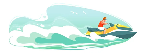 Jetski landschap cover design. Man rijden hydro cyclus in zee vector poster. Watersport geïsoleerde achtergrond. Zomervakantie op Aquabike oceaan golven cartoon illustratie. Karakter racen water scooter — Stockvector