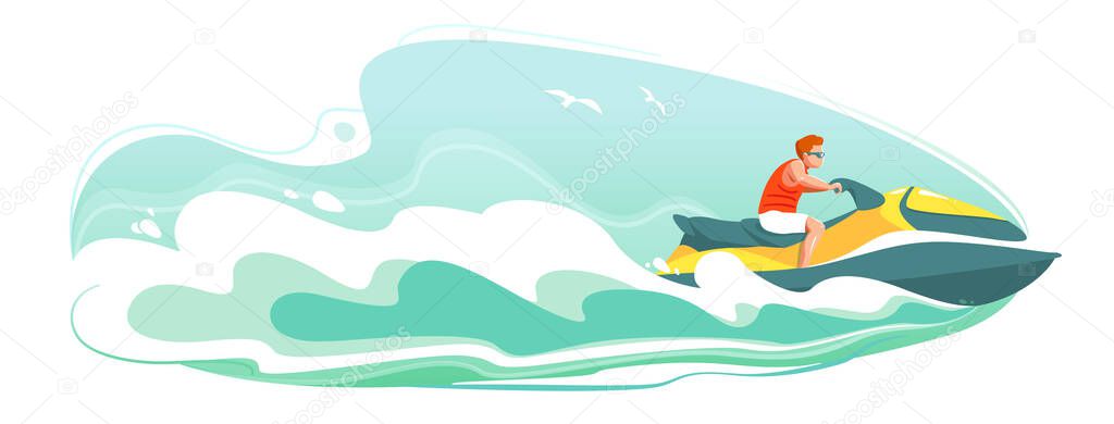 Jetski landscape cover design. Man ride hydro cycle in sea vector poster. Water sport isolated background. Summer holiday on Aquabike ocean waves cartoon illustration. Character racing water scooter