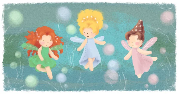 Tarjeta de felicitación Garden Fairies sobre fondo verde. Tres princesas pequeñas bandera mágica, cartel. Cubierta de impresión de cuento de hadas para niños. Fantasía lindo diseño de elfos. Postal infantil con pixies Celebración, festiva — Foto de Stock