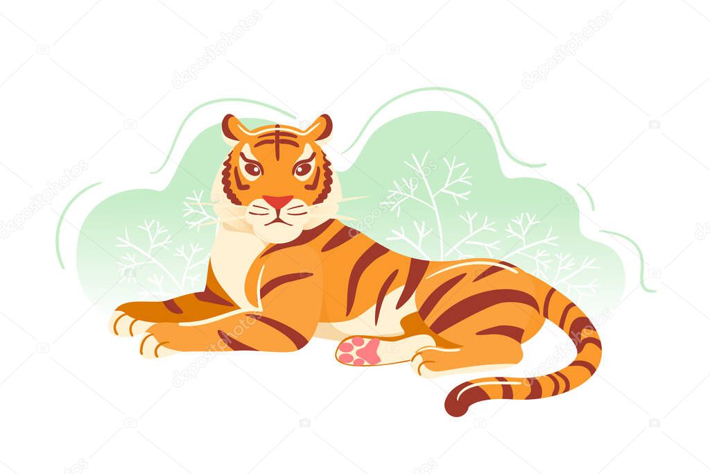 Modern tiger Flat postcard. Cartoon Animal colorful trendy illustration. Greeting card, banner, poster. Jungle orange big cat laying in grass vector art isolated on white background. Asian wildlife