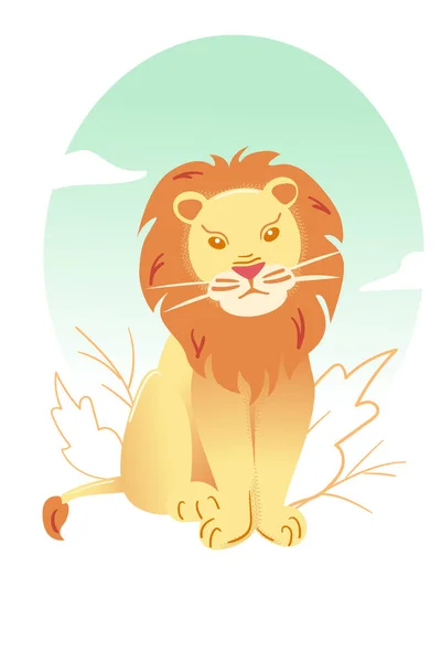 León de estilo plano sobre fondo blanco. Gran gato ilustración vectorial infantil. Lindo animal de dibujos animados africanos salvajes. Tarjeta postal del zoológico en color pastel. Tarjeta de felicitación, póster, pancarta — Vector de stock