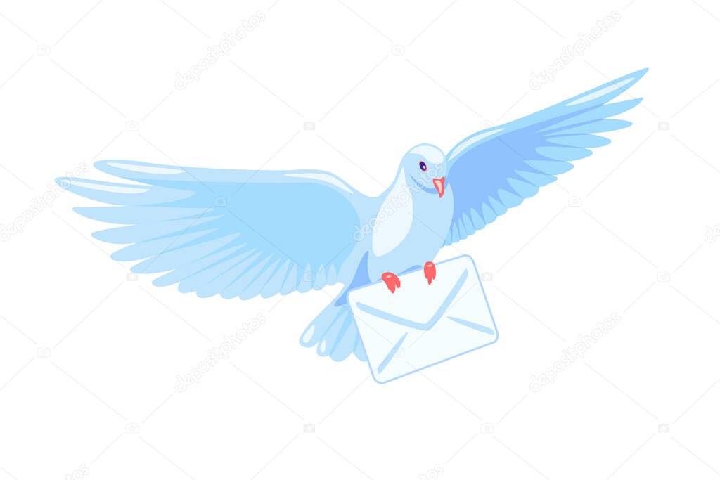 Flying post pigeon with a letter isolated on background. Free white dove with envelope. Air mail delivery symbol. Flat cartoon vector illustration. Retro message sent