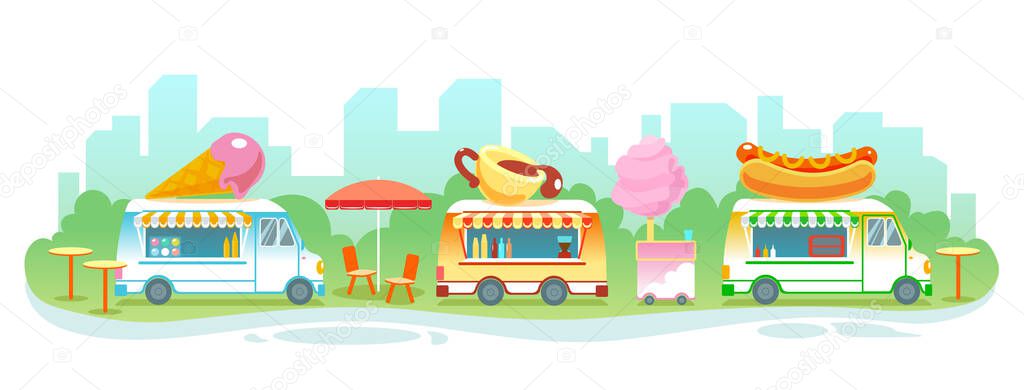 Street food festival landscape banner. Set of food trucks vector isolated illustration. Holiday city park restaurants. Summer outdoor rest in town. Ready takeaway meal cafe kiosks cartoon background