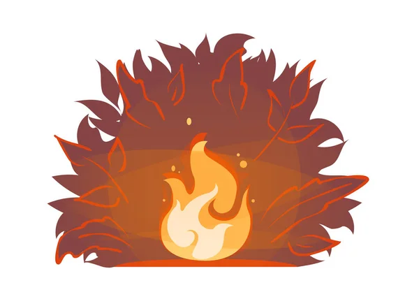 Roter Waldbrand auf nächtlichem Buschsilhouetten-Hintergrund. Illustration eines sommerlichen Flächenbrandes. Lagerfeueridylle. Brennender Feuer-Vektor. Brennholzflammen, brennender Kamin Cartoon-Sticker. Helle Flamme mit Funken — Stockvektor