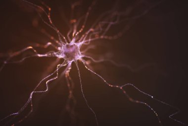 Elektrik yükü ile beslenen bir nöronun kavramsal görüntüsü. Bilim kavramı ve insan beyni araştırması, 3 boyutlu illüstrasyon.