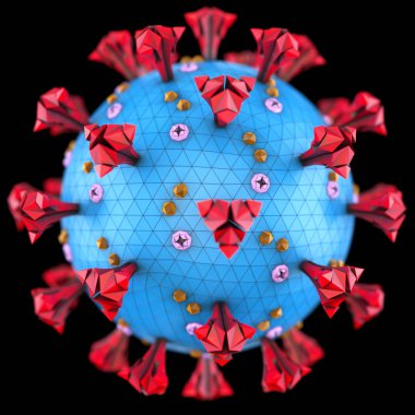Covid-19, Coronavirus, memelilerde ve kuşlarda hastalıklara neden olan bir grup virüs. İnsanlarda, virüs solunum enfeksiyonlarına neden olur. 3d illüstrasyon.