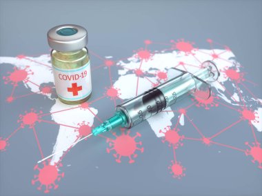 Covid-19, Coronavirus, 2019-nCoV, SARS-CoV-2 aşısının keşfi için kavramsal görüntü. 3B illüstrasyon.