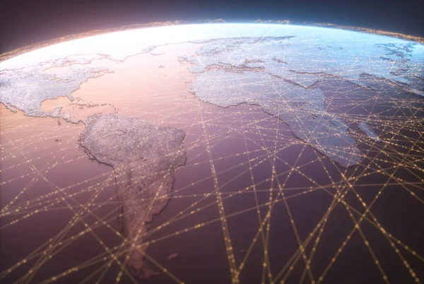 Globalized world, the future of digital technology. Connections and cloud computing in the virtual world. World map with satellite data connections. Connectivity across the world.