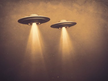 İki UFO sisli ve aşağıda ışık var. 3D illüstrasyon monokromatik septik tonlu eski zaman fotoğrafçılığı. Metin ve resim için UFO 'ların altında boşluk olan resmi kavra.