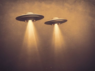 Two UFOs flying in fog with light below. 3D illustration monochromatic sepia-toned old-time photography. Concept image with blank space below the UFOs for texts and image. clipart