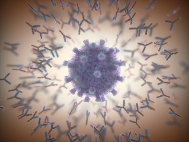 Bağışıklık sistemi, virüse saldıran antikorlar covid-19. 3 boyutlu illüstrasyon, vücudun savunma sistemi kavramı. Koronavirüse saldıran Y şeklinde antikor..