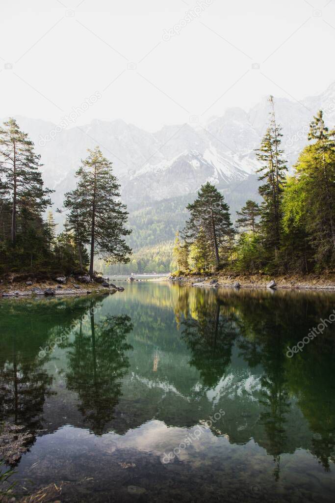 Reflection of Lake Eibsee infront of Zugspitze, Bavaria, Germany