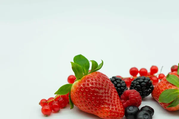 Close-up view of strawberries, raspberries, blueberries, blackberries and currants in lower left corner on white background. Space for text at the top. Strawberries and berries. — Stock Photo, Image