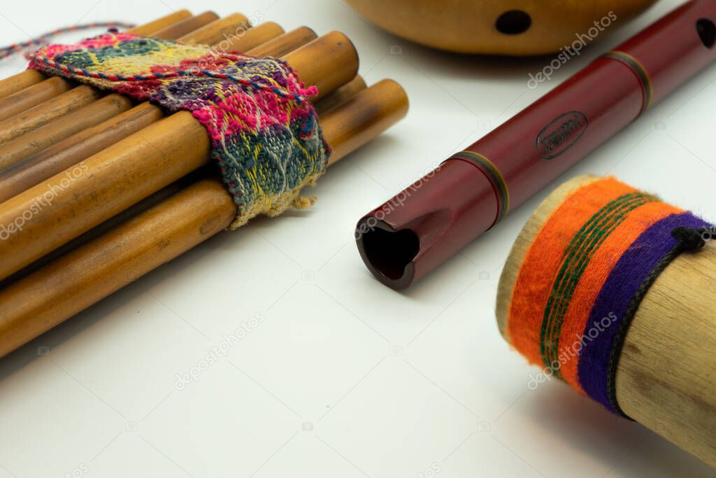 Close up view of traditional Peruvian instruments. Andean music. Concept music.