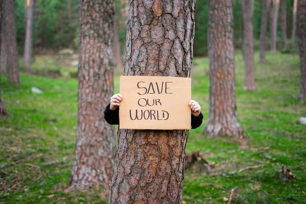 Close View Teenage Activist Holding Banner Tree Environmental Message Forest — Stock Photo, Image