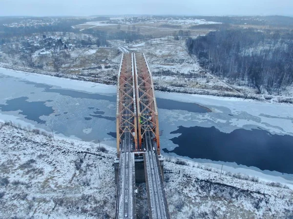 Aerial View Drone Shot Railway Bridge Freezing River Beautiful Panoramic — Stock Photo, Image