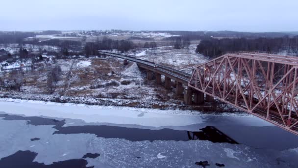 Aerial View Drone Shot Railway Bridge Freezing River Beautiful Panoramic — Stockvideo