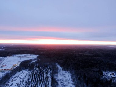 Aerial view a beautiful panoramic landscape of nature at dawn on a freezing day in winter