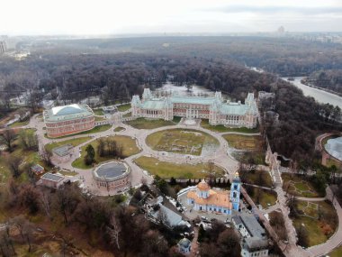Aerial view panorama of ancient historical building in Moscow city park in autumn. Beautiful landscape of tourist destination