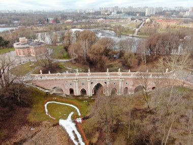 Aerial view panorama of ancient historical building in Moscow city park in autumn. Beautiful landscape of tourist destination