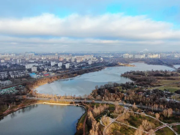 Aerial View Panorama River City Park Moscow Autumn Beautiful Landscape — Stok fotoğraf