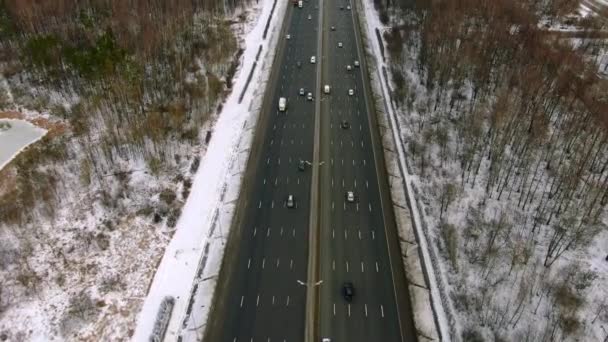 Полет Воздуха Над Скоростной Дорогой Движущимися Автомобилями Проходящими Через Лес — стоковое видео