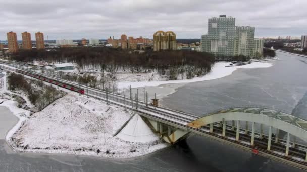 Aerial View Flight Tracking Moving Rail Train Moving Bridge Freezing — Stock Video