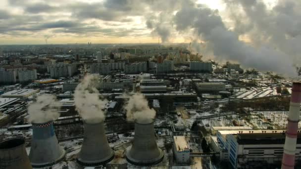 Aerial View Smokestacks Plant Polluting Air Metropolis Sunny Day Winter — 비디오