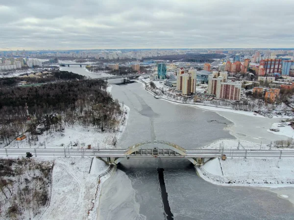 Aerial View Beautiful Urban Landscape Railway Bridge Freezing River Drone — Stock Photo, Image