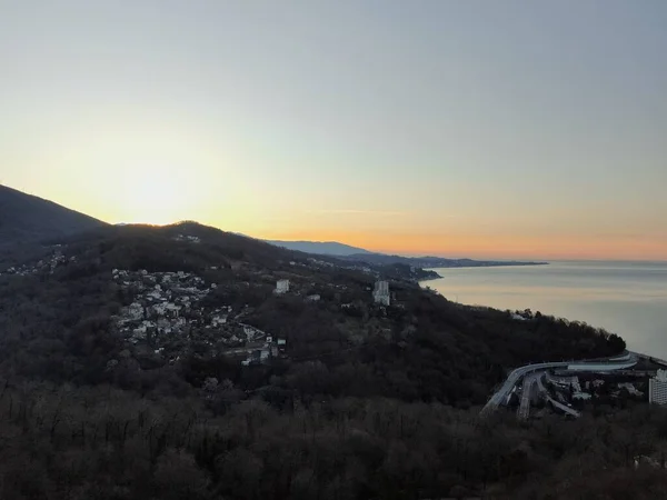 Uitzicht Vanuit Lucht Prachtige Gouden Zonsondergang Zee Een Heldere Dag — Stockfoto