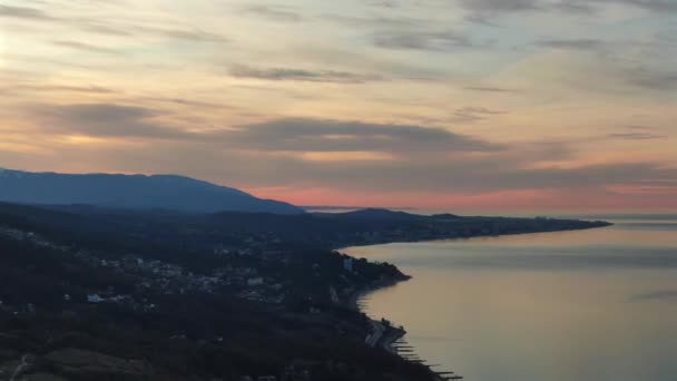 Aerial View Overview Panorama Sunrise Mountains Seashore Clouds Dawn Rays — Stock Video