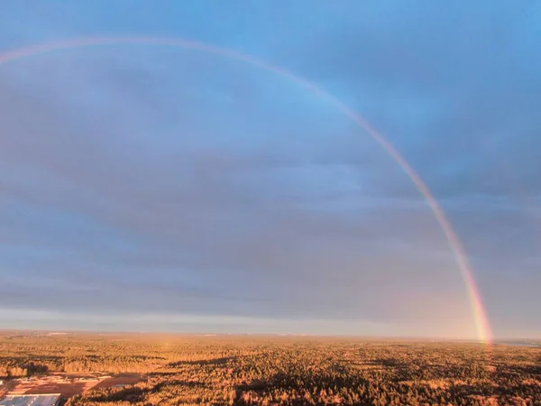 A rainbow over the forest at sunset from a high altitude. Beautiful panoramic landscape of autumn forest and rainbow at sunset from drone