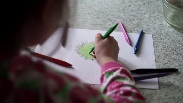 Little Girl Draws Coronavirus White Paper Colored Pencils Close Girl — Stock video