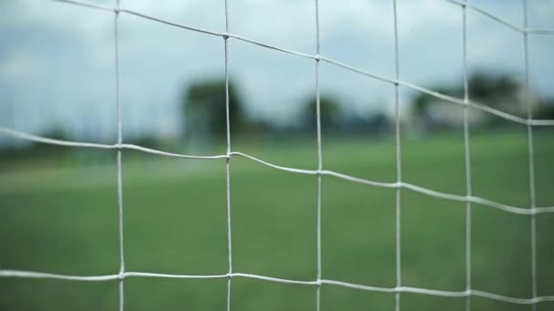 Fußballtornetz Nahaufnahme Auf Dem Hintergrund Eines Feldes Mit Gras — Stockvideo