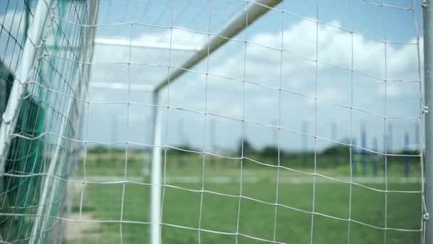 Fußballtornetz Nahaufnahme Auf Dem Hintergrund Eines Feldes Mit Gras — Stockvideo