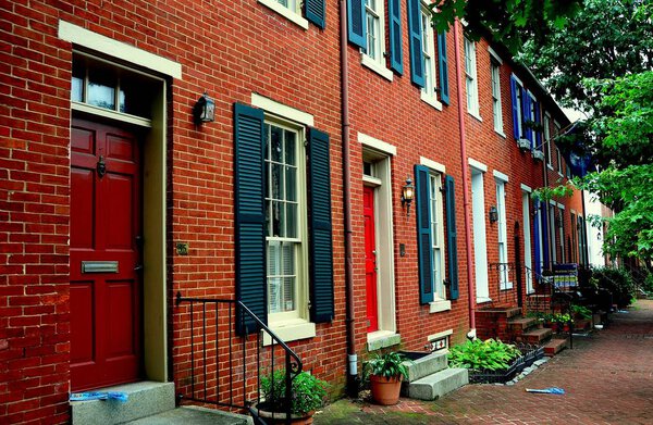 Baltimore, Maryland - July 23, 2013: Handsome late 18th and early 19th century homes line Montgomerey Street in the Federal Hill Historic District