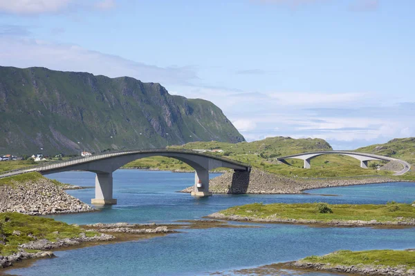 Panoramiczne Widoki Mostów Fredvang Norwegii Lofoty — Zdjęcie stockowe