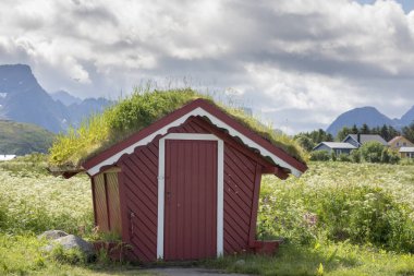 çimenlerin üzerinde çatıya Lofoten Norveç'te Fredvang ile eski ahşap ev