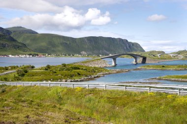 panoramik manzaralar ve köprüler Lofoten Norveç'te Fredvang