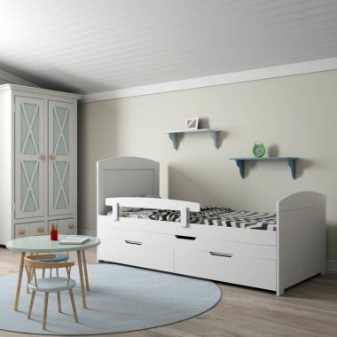 3 boyutlu görüntüleme. Çocuk odası bir yatak ve güzel tasarlanmış bir masa.