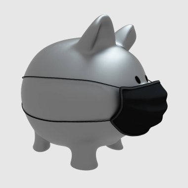 3 boyutlu görüntüleme. Covid-19 finansal kriz. Coronavirus krizi, tıbbi maskeli domuz kumbarası..