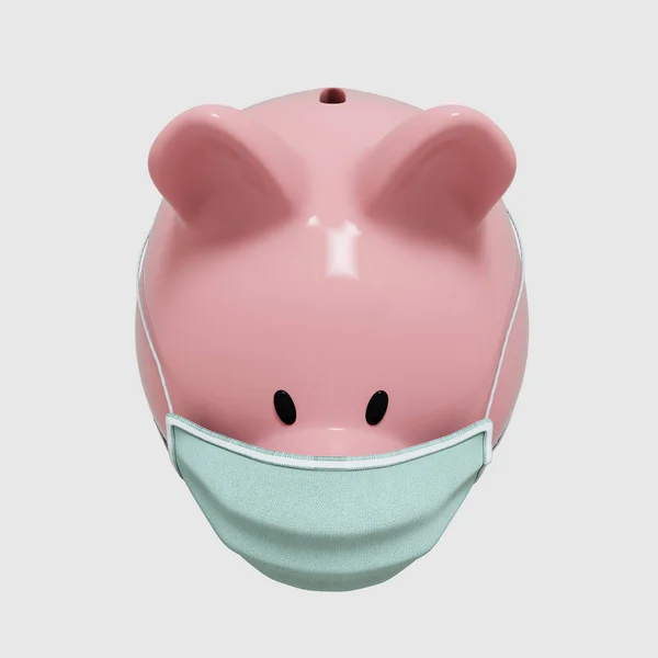 3D渲染 Covid 19金融危机 Coronavirus危机 带着医疗面具的储蓄罐 — 图库照片