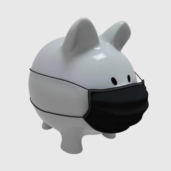 3Dレンダリング Covid 19金融危機 コロナウイルス危機医療マスクを持つ貯金箱 — ストック写真