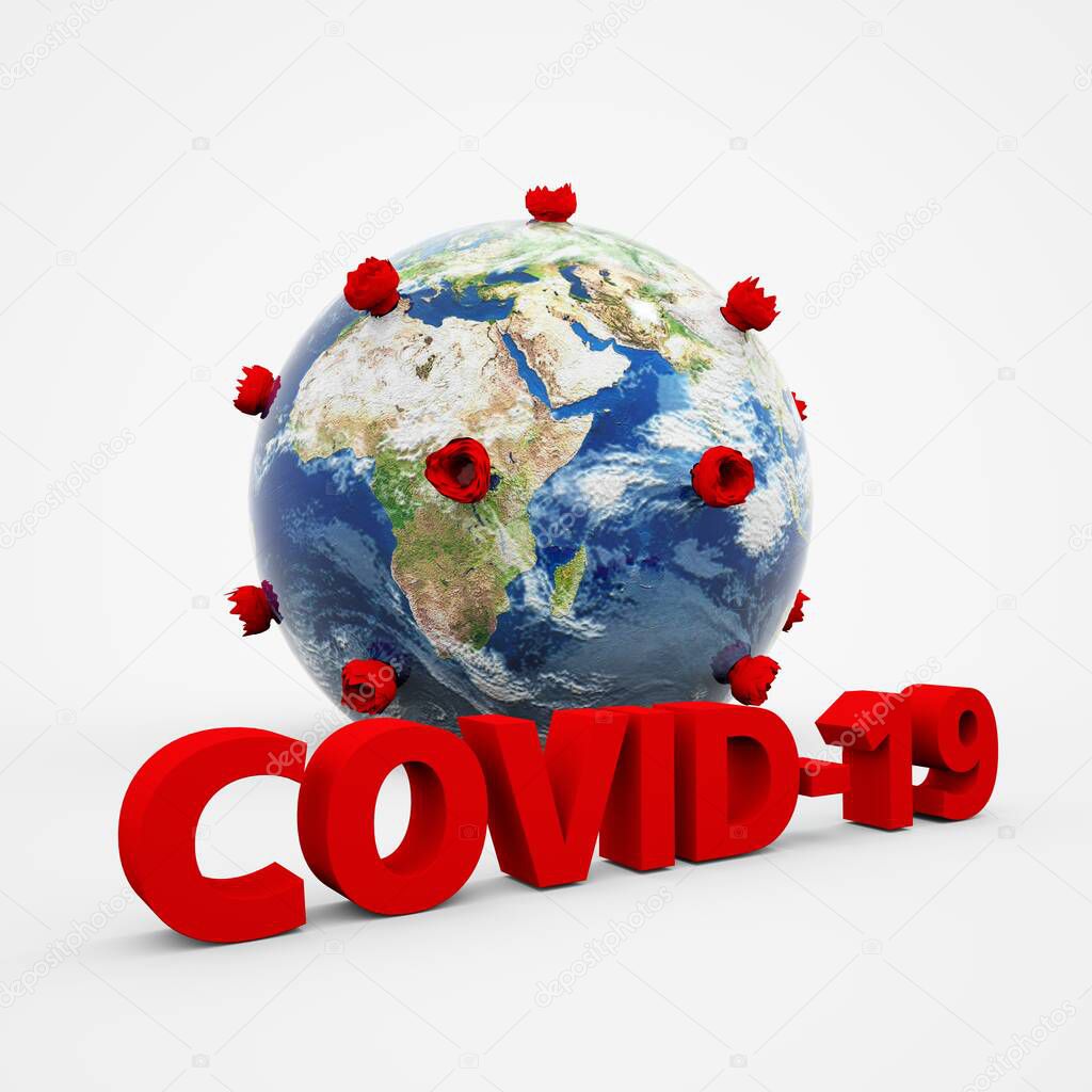 3D text title of COVID-19 with virus cell earth texture on white background, Coronavirus or COVID-19 concept, 3D Rendering.