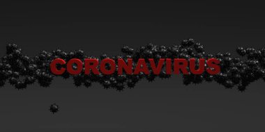 Koyu bir arka planda üç boyutlu görüntüleme. Virüslerin arkaplanındaki Coronavirus yazıtları veya covid-19