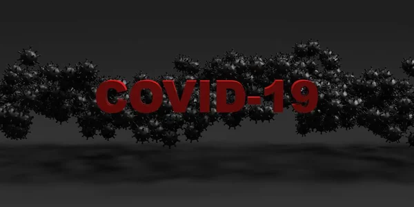 Representación Sobre Fondo Oscuro Inscripción Coronavirus Covid Fondo Los Virus — Foto de Stock