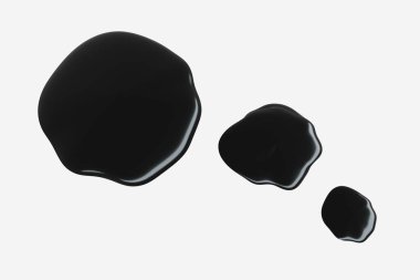 3 boyutlu görüntüleme. Beyaz arkaplanda siyah naphtha ya da mürekkep damlaları izole