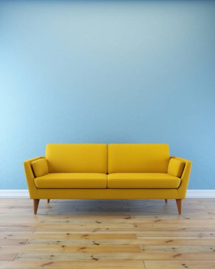 Modern, boş bir iç mekan. 3 boyutlu görüntüleme. Sarı kanepe mavi duvarın arkasında, çiçeklerle