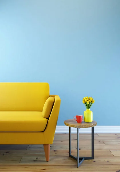 Nowoczesne Jasne Puste Wnętrze Renderowanie Żółta Sofa Tle Niebieskiej Ściany — Zdjęcie stockowe