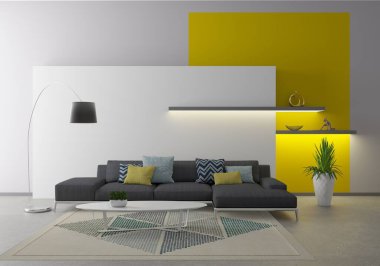 3 boyutlu görüntüleme. Parlak iç mekan - oturma odası